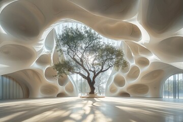 Poster - A contemporary interior with smooth curved white walls, sunlight, and a living tree in the center