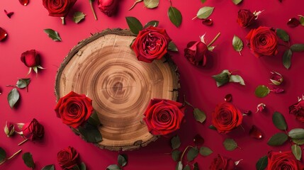 Wall Mural - A wooden podium crafted from a tree trunk is adorned with vibrant red roses against a striking magenta backdrop viewed from above Perfect for Valentine s Day and showcasing the trendy color