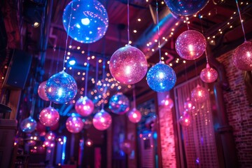 Poster - Disco balls sparkle amidst colorful lights, setting the scene for a festive and lively party atmosphere