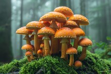 Vibrant Orange Amanita Mushrooms Are Nestled Against Lush Moss, With A Hazy, Foggy Forest Backdrop