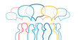 Men and women group, speech bubble talk. People crowd voice, blogger panel. Message noise, Network connect Idea. Vector color line Abstract Background. Social Media communication, discussion concept.