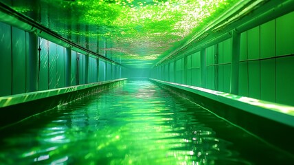 ネオングリーン照明の産業用藻類栽培施設 