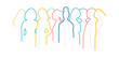 People stand together. Color thin line vector. Abstract flat illustration. International women faces, body silhouettes group. Different young age girls background. World woman day, diversity concept