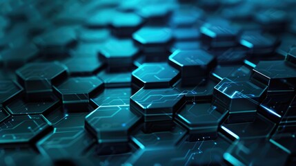 Poster - A sleek abstract PC wallpaper with interlocking hexagonal patterns in a gradient of teal to dark blue, highlighted by subtle light effects.