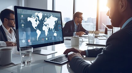 Fototapete - Businessman in suit using laptop with world map background, Man in suit typing on laptop displaying global map.
