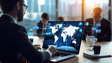 Poster - businessman in suit using laptop with world map background, man in suit typing on laptop displaying 