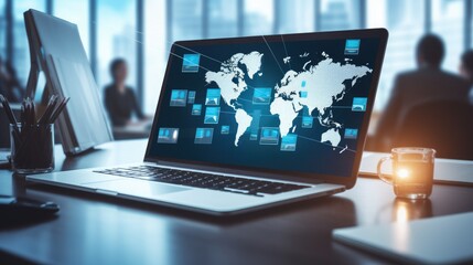 Poster - businessman in suit using laptop with world map background, man in suit typing on laptop displaying 