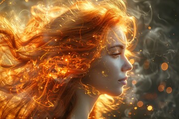 Poster - Close-up of fiery orange patterns flowing like hair over a smokey and abstract background