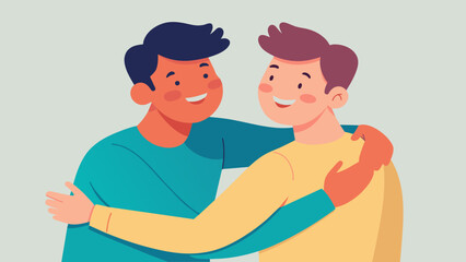 concept of male friendship two guys hug cartoon vector illustration