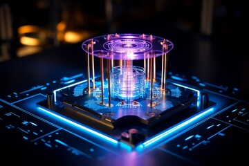 Fototapete - Glowing quantum computer processor purple light atomic machine board, Purple illuminated machine mechanism.