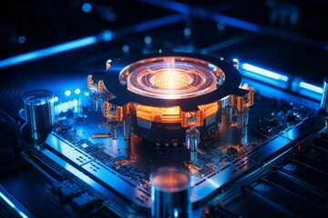 Aufkleber - Glowing quantum computer processor purple light atomic machine board, Purple illuminated machine mechanism.