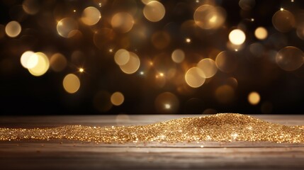Poster - Shimmering gold glitter on rustic wood with soft bokeh lights, Elegant golden sparkle on wooden surface with blurred lights.