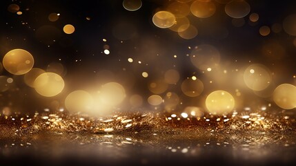 Poster - Shimmering gold glitter on rustic wood with soft bokeh lights, Elegant golden sparkle on wooden surface with blurred lights.