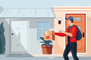 Aufkleber - A delivery man vector with parcel box in the door, Fast delivery man around customer door vector