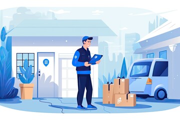 Aufkleber - A delivery man vector with parcel box in the door, Fast delivery man around customer door vector