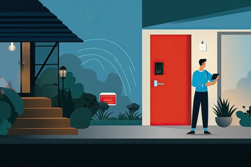 Wall Mural - A delivery man vector with parcel box in the door, Fast delivery man around customer door vector