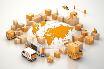 Poster - The world map surrounded by boxes, representing globalization and interconnectedness.