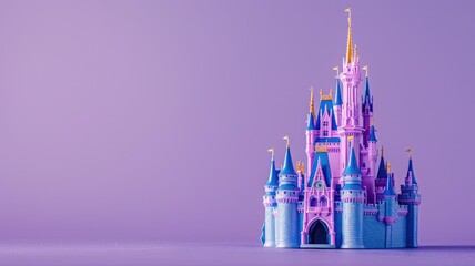 Toy castle with spires and turrets on purple background