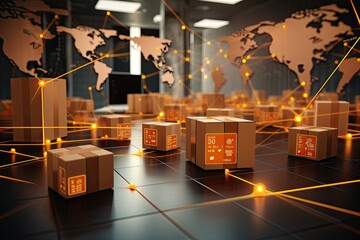 Poster - The world map surrounded by boxes, representing globalization and interconnectedness.
