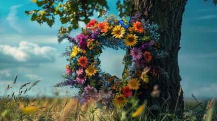 Sticker - A vibrant wreath of colorful flowers adorns a tree in a picturesque meadow against a summery backdrop This floral crown is not just a beautiful sight it also holds symbolic significance for