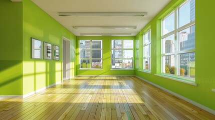 Wall Mural - A room with a green wall and wooden flooring in the middle, AI