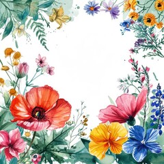 Poster - Watercolor floral frame with pastel blossoms on white background, Delicate flowers in a watercolor border design.