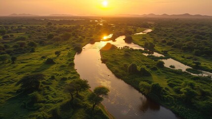 Sticker - A river runs through a lush green landscape at sunset, AI