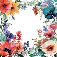 Poster - Watercolor floral frame with pastel blossoms on white background, Delicate flowers in a watercolor border design.