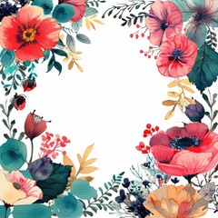 Poster - Watercolor floral frame with pastel blossoms on white background, Delicate flowers in a watercolor border design.