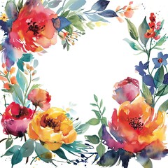 Poster - Watercolor floral frame with pastel blossoms on white background, Delicate flowers in a watercolor border design.