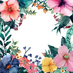 Poster - Watercolor floral frame with pastel blossoms on white background, Delicate flowers in a watercolor border design.