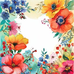 Poster - Watercolor floral frame with pastel blossoms on white background, Delicate flowers in a watercolor border design.