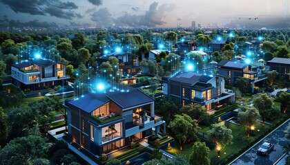 Conceptualize a residential area in a smart city with homes connected to a central energy management system to optimize power use