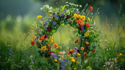 Canvas Print - A wreath made of vibrant meadow flowers adorns the summer garden to celebrate Summer Solstice Day a joyful Midsummer holiday