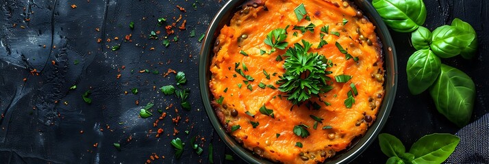 Wall Mural - Vegan lentil shepherd's pie with mashed sweet potatoes, top view horizontal food banner with copy space