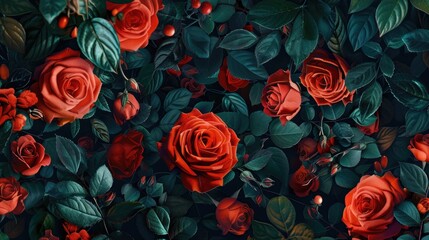 Canvas Print - Create stunning floral arrangements featuring vibrant red roses and lush leaves perfect for designing greeting cards and invitations for weddings birthdays Valentine s Day Mother s Day and o