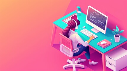 Wall Mural - A woman sitting at a desk with headphones on and typing, AI