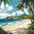 Vector illustration of summer beach scene with palm trees for travel and vacation concepts