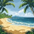 Vector travel and summer beach scene with palm trees, ocean, sun - vacation concept