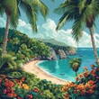 Vector illustration of a relaxing summer vacation with travel elements and a beautiful beach scene