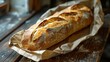 Freshly baked french baguette in a brown paper bag placed on a rustic wooden kitchen table