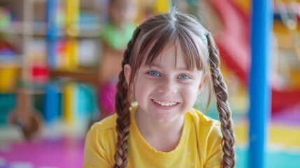 Canvas Print - A young girl smiling while sitting on a bench in the play area, AI