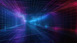 Wireframe dark room background, digital futuristic space with grid lines of neon light. Concept of future, technology, tech, cyberspace, wire.