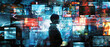 Person silhouette in world of social media, human and digital data information, abstract dark news background. Concept of global network, connect, online, space