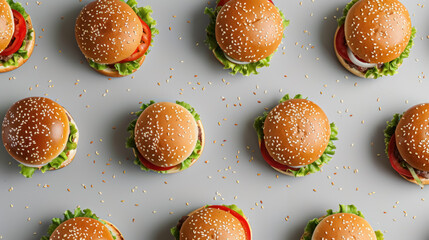 top view of multiple hamburgers on neutral background for culinary design
