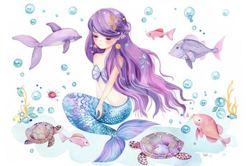 Mermaid Tail Illustrated in a Child's Watercolor Painting, Displayed on a Blank White Background