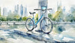 A watercolor depiction of a blue bicycle by a charging station, set against an abstract cityscape under a cloudy sky. Generative Ai.
