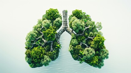 Sticker - An artistic representation of green trees mirroring the intricate structure of human lungs on a serene island set against a pure white backdrop A powerful symbol of harmony with nature embo