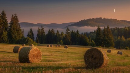 Wall Mural - At the base of the mountain near the forest lie picturesque haystacks dotting the agricultural field where the sun and moon meet at twilight symbolizing the changing of day and night The mo