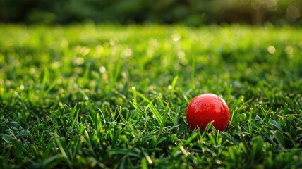 Red ball on green grass with sunlight